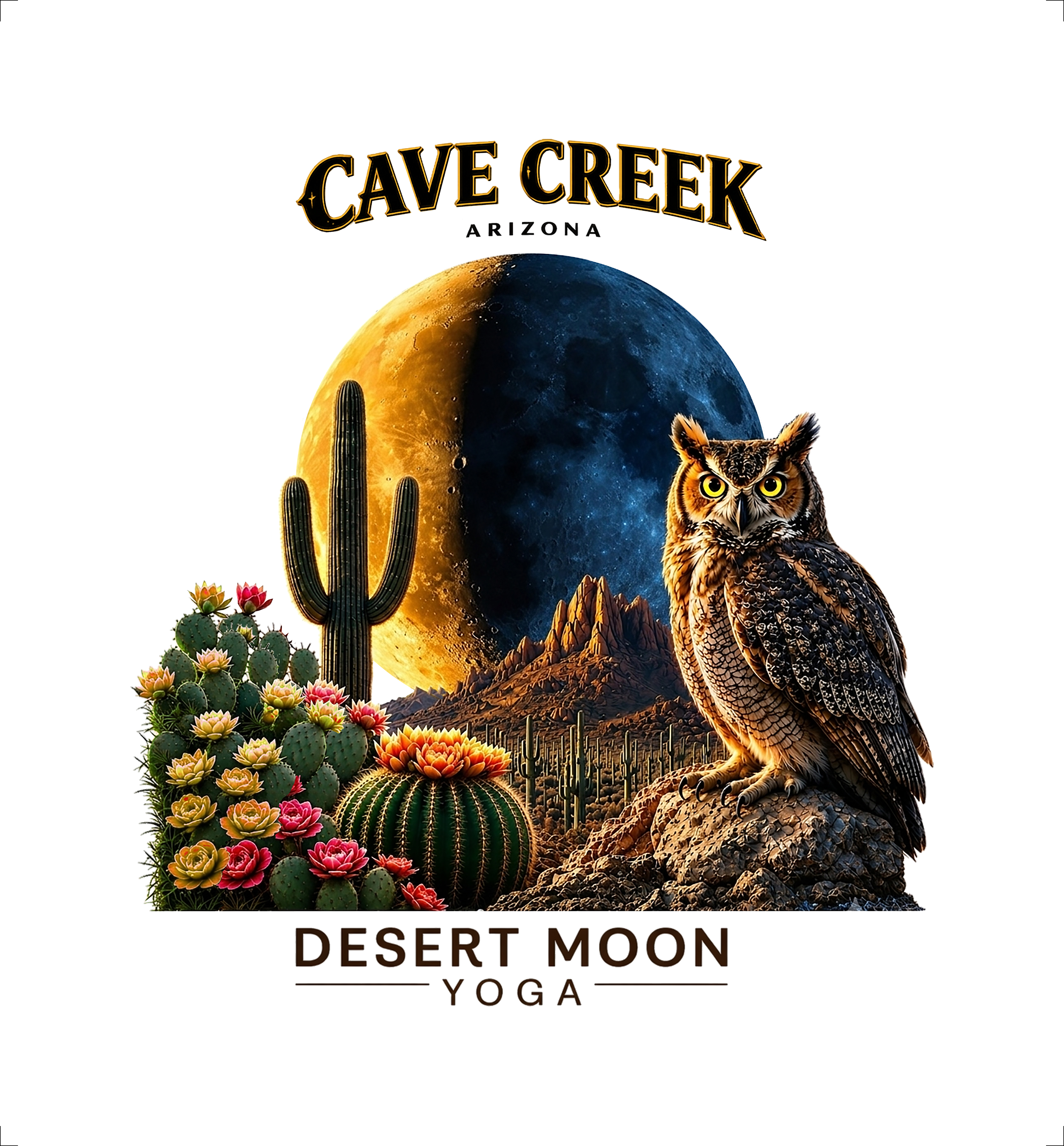 Custom Desert Moon Yoga owl and moon artwork featuring Cave Creek Arizona