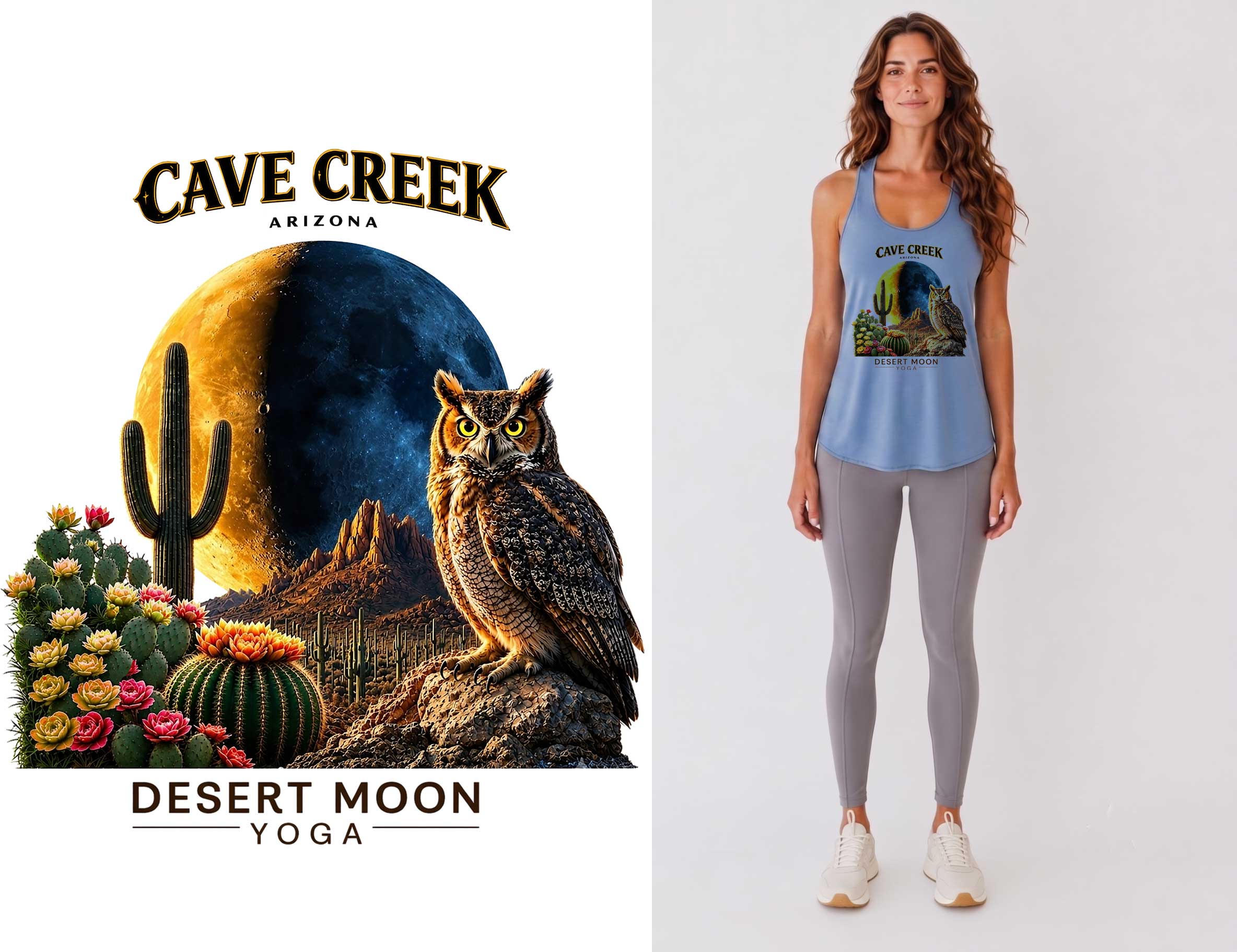 Desert Moon Yoga Cave Creek owl artwork beside a mockup on a Sky Blue Boyfriend Tank